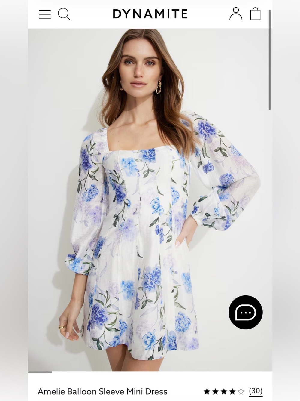 Floral Square-Neck Puff Sleeve Mini Dress in White and Blue